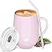 Amazon Brand - Umi Termo Café 360ml,Tazas Café de Acero Inoxidable con Asa, Sin BPA Doble Pared Aislado al Vacío, Reutilizable Vaso Térmico AntiDerrames con Dos Tapas y Pajita, Rosa