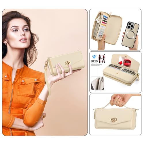 REEGINCH Crossbody Wallet Case for iPhone 16 Pro Max, Magnetic Detachable Floral PU Leather Phone Case with RFID Blocking Card Holder Wristlet Mirror Flip Zipper Shoulder Purse for Wome - White by REEGINCH - Image 3