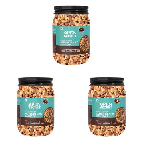 Image of Open Secret Roasted Almonds and Cashews 1000g | Black Pepper Flavoured | Premium, Crunchy & Delicious Snack | Reusable Jar (Pack of 3)