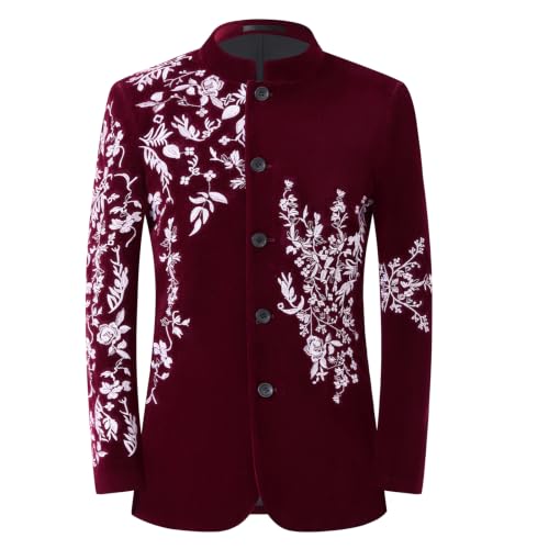 DAMANGUAN Men's Black Velvet Blazer with Gold Floral Embroidery, Slim Fit Suit Jacket for Wedding, Party, Banquet, Prom (US, Alpha, Medium, Regular, Regular, red and White) - image 1