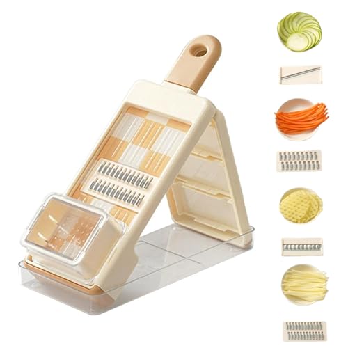 Cortador de mandolina con contenedor, cortador manual de mandolina de mano con espiralizador de verduras 4 en 1 para ajo, chile, carne, cortador de frutas, utensilios de cocina y regalos (naranja)