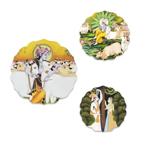 Artvibes Shri Krishna with cows Round Shape MDF Wooden Wall Decor...