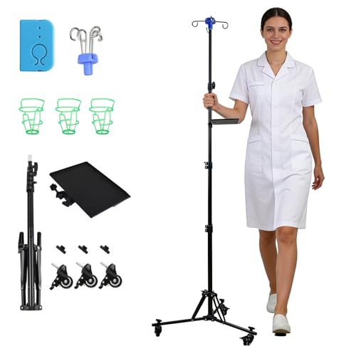 Infusionsständer mit Ablage und Alarm Verstellbarer Infusionsständer mit Rädern Klappbarer Infusionsbeutelständer mit 4 Haken 3 Netzbeuteln und 1 Aufbewahrungstasche für Krankenhaus und Heim
