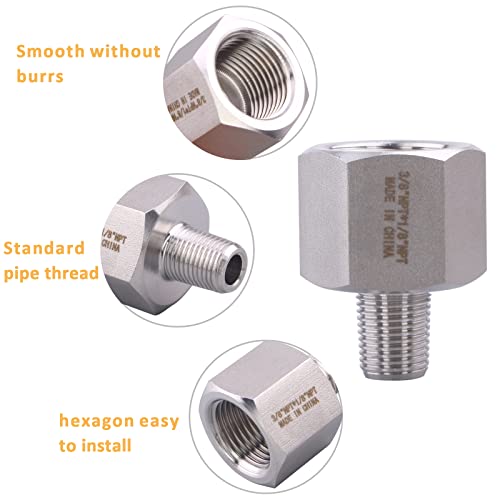 Image of Forged Reducer Adapter Fitting - Stainless Steel 304 Reducing Pipe Connector, 3 /8 inch NPT Female x 1 /8 inch NPT Male (pack of 2)