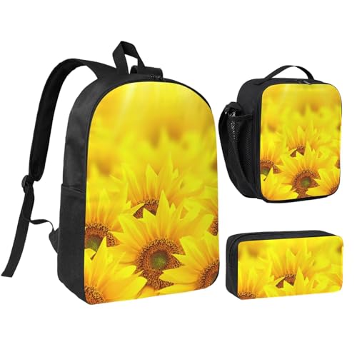 Yellow Sunflower print Shoulder Bookbags Lunch Bag and Pen Case 17 inches Backpack with Lunch Box, Cute Bookbag Set
