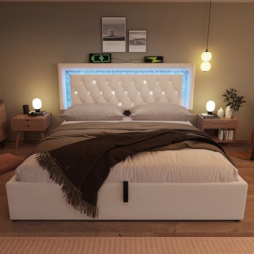 Image of MYBOO 4ft6 Double Bed Frame with Hydraulic Storage, Adjustable Diamond Tufted Headboard with LED Lighting&USB Charging, Velvet Functional Upholstered Ottoman Storage Bed with Slat, No Mattress, Beige