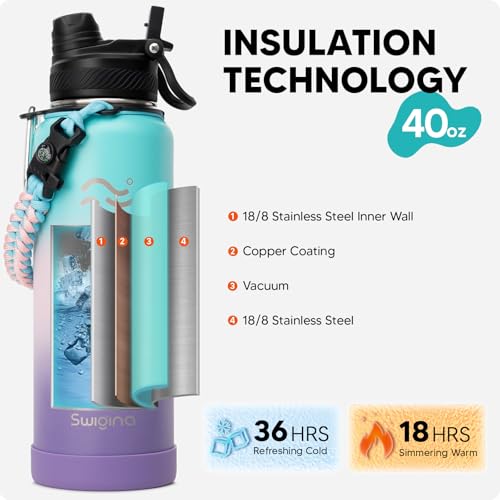 Image of Swigina [2-IN-1 LID] Insulated Water Bottle with Silicone Boot (36hrs Cold /18hrs Hot) - DIY Stickers, Leakproof, BPA Free, 40 oz