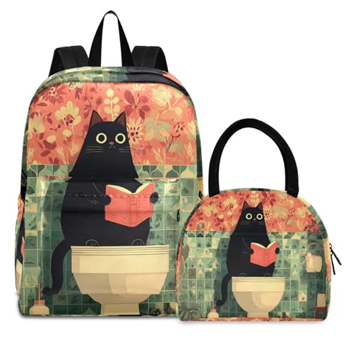 Cat Reading Print Backpack Set with Lunch Bag, Large Capacity Travel Backpacks and Lunch Box Insulated for Commute Hiking Picnic