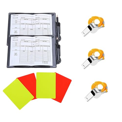 Youery 2 Stück Schiedsrichter Set,4 Blätter Fußball Schiedsrichter Karten,Set mit PVC Rote Gelbe Karte（2 gelb, 2 rot,3 Stück Pfeifen-Schlüsselband,Geeignet für Sporttraining, Fußball