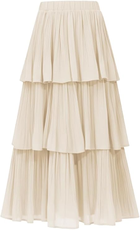 OULESIS Women's Long Skirts Chiffon Elastic High Waist Maxi Skirt A-Line Tiered Dress