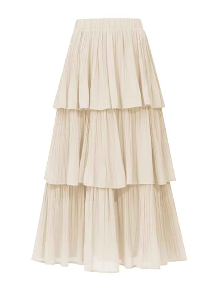OULESIS Women's Chiffon Tiered Ruffle Long Maxi Skirts Boho Elastic High Waist A-Line Flared Pleated Midi Skirt