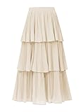 OULESIS Long Skirts for Women Elastic High Waist A Line Ruffle Tiered Layered Beige Midi Skirt Pleated 2025 Trendy Elegant Skirts Spring Fall