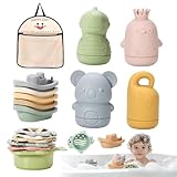 TOSUTO Giocattoli da Bagno,15 Pezzi Giochi Bagnetto Animali in Silicone per Bambini 1 2 3 Anni,Giochi Vasca da Bagno con Animali Spruzzano,Barche e Rete di Stoccaggio,Senza Muffa,Regalo per Neonato