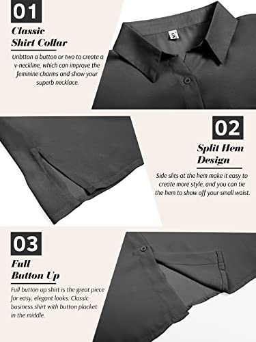 Pausus Womens Black Button Down Shirt Loose-Fit Short Sleeve V Neck Collar Office Casual Shirt Blouse With Pocket (Black,L) #TOP4