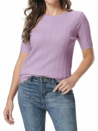 Image of SANGTREE Women's Cable Knit Half Sleeve Sweaters, Crew Neck Solid Color Knitted Summer Pullover Tops