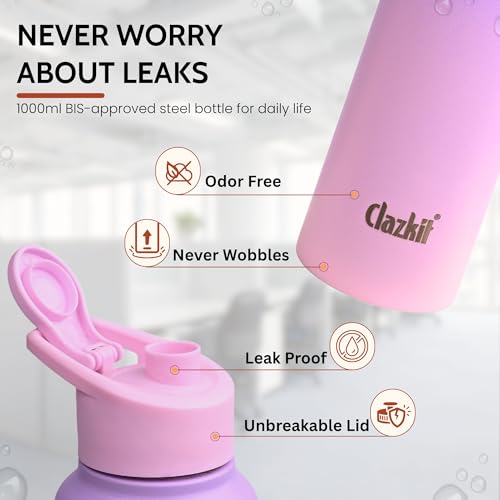 Image of Clazkit Dual Colored Stainless Steel Water Bottle |ISI Certified Leakproof, Durable for School Kids, Fridge, Sports, Gym, Yoga & Office - Easy to Clean & Reusable-1000ml - Pink