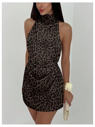 Image of Floerns Women's Ruched Cowl Neck Halter Mini Dress Tie Backless Night Out Dresses
