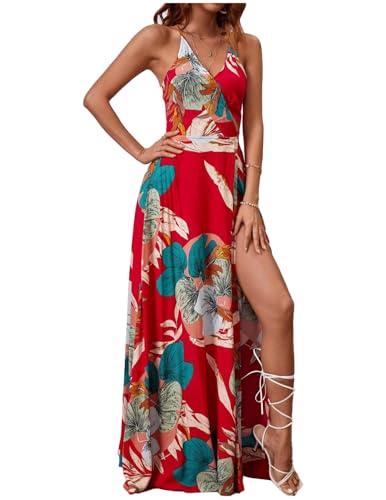 JENJON Mujer Elegante Vestido de Verano Sin Mangas Cuello en V Estampada de Tirantes Bohemio Vestido de Playa Larga Rojo L