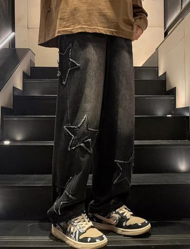 Mens Star Jeans Y2k Mid Waist Wide Leg Streetwear Hip Hop Jeans Baggy Embroidery Aesthetic Skater Denim Pants4
