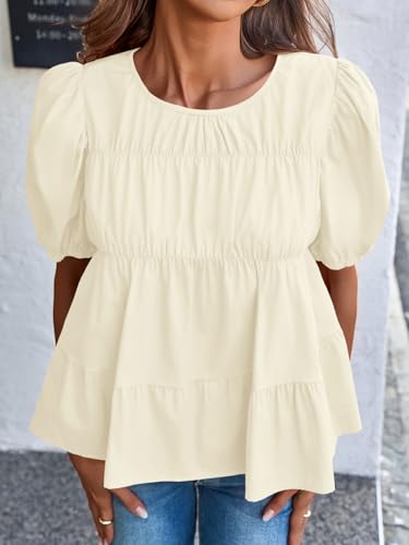 Image of Tankaneo Womens Puff Sleeve Peplum Babydoll Tops Summer Flowy Pleated Cotton T-Shirts Casual Loose Fit Cute Blouse