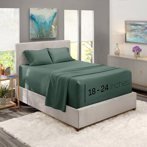 Image of Nestl Full Size Sheet Set, 4 Piece Extra Deep Pocket (18-24 inches), Microfiber, Hotel Luxury, Soft, Breathable, Wrinkle-Free, Easy to Care, Forest Green