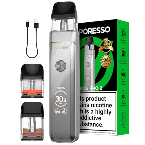 Vaporesso Xros Pro 2 Vape Pod Kit 30W [7 COLOURS] Built in 2000mAh Mega Battery [Ultra-Light 65g Alloy Body] Compatible with XROS Pods Fast Charge 2ML TBD No Nicotine (Glittering Silver)