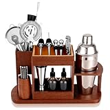 Lexenic Cocktail Making Dock, 23-Piece Cocktail Shaker Set with Versatile Wooden Stand, Easy Access Stainless Steel Bartender Kit All-in-One Home Bar Organization, Premium Gift Set