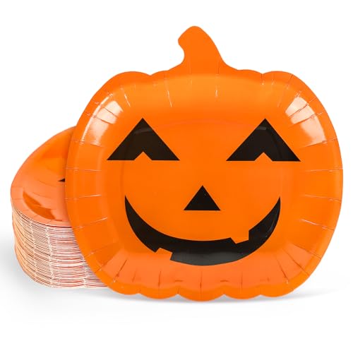 Whaline 40Pcs Halloween Paper Plates Orange Pumpkin Face Disposable Plates 9 Inch Grimace Pumpkin Decorative Plate for Halloween Birthday Holiday Table Decor Party Supplies