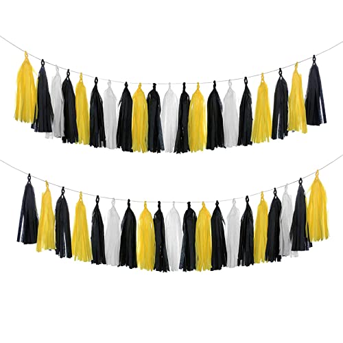 Image of Yellow White and Black Tassel Garland Banner Paper Tassels for Party Decorations,Pack of 15