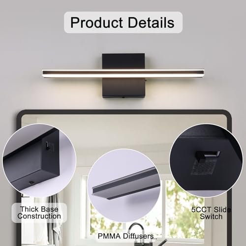 Image of LED Modern Bathroom Vanity Light Dimmable 5CCT Wall Light Fixture Over Mirror, Black Bar Vanity Light for Bathroom Mirror Restroom(15.7 inch, 12W)