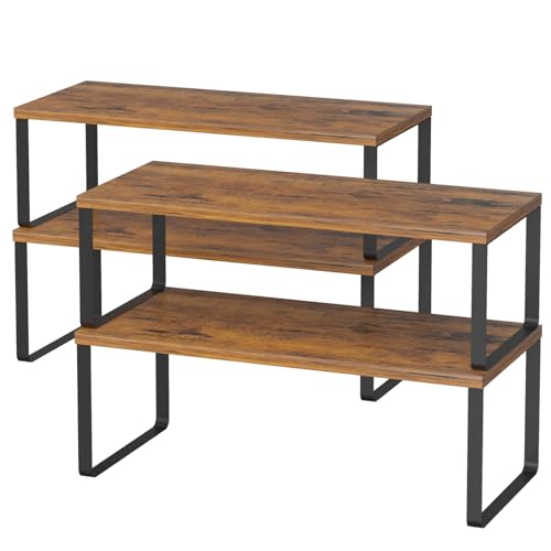 LIANTRAL Confezione da 4 mensole impilabili per armadietti da cucina, espandibili, in legno e metallo, mensole salvaspazio per dispensa da cucina, armadio, armadio, marrone rustico/nero