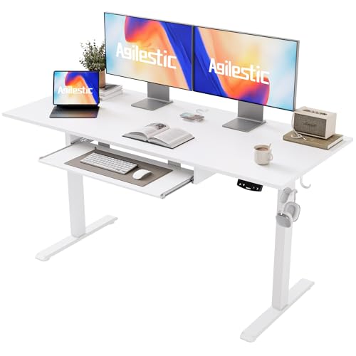 Image of Agilestic Electric Standing Desk with Drawers, 55 x 24 Inches Height Adjustable Desk, Stand up Computer Table with Memory Preset, for Work Office Home, Ivory