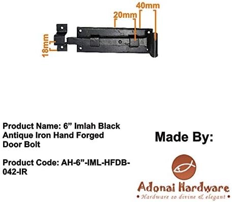 Adonai Hardware Imlah Black Antique Iron Hand Forged Door Bolt (6", Black Powder Coated)