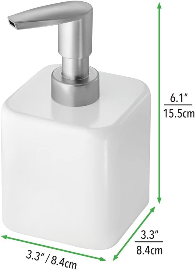 mDesign Compact Square Metal Soap Dispenser for Bathroom - Liquid Soap Pump Bottle for Countertop and Kitchen Sink - Holds Hand Soap, Dish Soap, Lotion, Essential Oil - Unity Collection - White