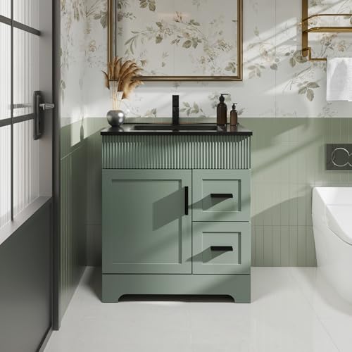 Image of eclife 30 inch Bathroom Vanities Sink Combo with Painted Surface, Modern Drawered Cabinet W /Decorative Wave Lines, Undermount Single Black Sink, Matte Black Faucet Drain, Gray Green