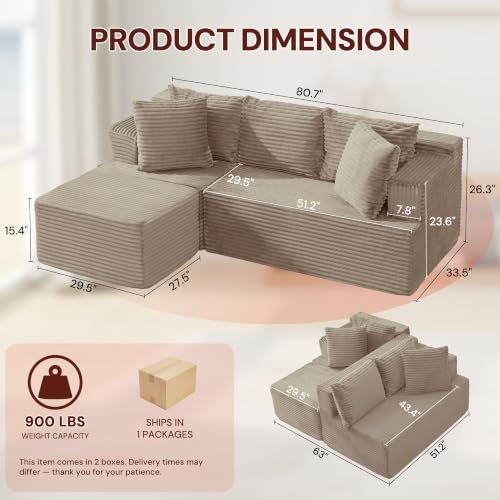 Image of Korser Boneless Couches for Living Room, Cloud Couch Sectional with Ottoman, L-Shaped Sofa with Fluffy Comfy Corduroy Deep Seat, Bedroom, Apartment, No Assembly Required