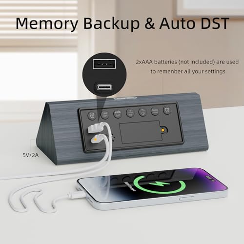 Solid Wood Digital Alarm Clock for Bedroom - 8.8 Inch Large Display, Multicolor Backlight Time Display, Dual Alarms, Date/Temp/Day, DST, Snooze, Black - Image 4