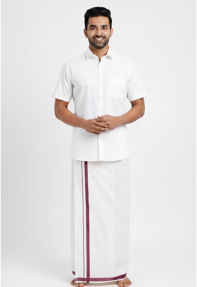 Shemass™ Men's Cotton White Dhoti with Elegant Color Border(1.8 mtrs single layer)