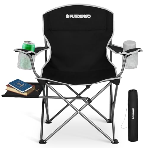 FUNDANGO Folding Camping Chair with Table, Portable Heavy Duty Outdoor Padded Chairs for Adults with Cup Holders for Lawn Beach Picnic Outside Travel (Black)