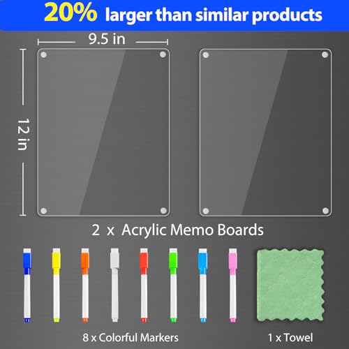 Image of PigPotParty Clear Acrylic Magnetic Whiteboard for Fridge, 2 Pack 9.5 inchx12 inch Dry Erase Board Blank Memo Shopping /Grocery to Do List Meal Planner Chore Chart for Adult Teens Kids, w / 8 Markers & 1 Towel
