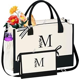 AUNOOL Gifts for Women – Personalized Birthday Gifts for Mom Friends, Monogrammed Tote Bags and Makeup Bag with Zipper, Wedding Gift Bag, Bride Tote, Gifts for Bridesmaids, Graduation Gifts Letter M