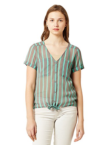 Image of Miss Chase Women's Mint And Grey V-Neck Short Sleeves Buttoned Striped Tie-Up Loose Fit Top
