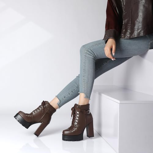 Image of Susanny Sexy High Heels for Women Boots Round Toe Platform Booties Lace Up Suede Side Zipper Ankle Bootie