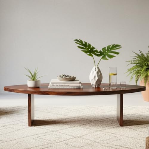 Image of Solid Sheesham Wood Oval Coffee Table for Living Room | Modern Low Height Centerpiece for Sofa Seating Area | Handcrafted Wooden Accent Furniture | Durable Designer Piece for Home & Apartment | Brown