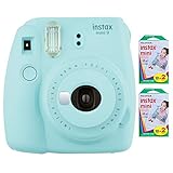 Fujifilm Instax Mini 9 Instant Camera (Ice Blue) with 2 x Instant Twin Film Pack (40 Exposures)