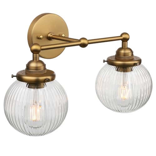 Image of Yosoan 2-Light Indoor Boho Vanity Wall Sconce with Striped Round Glass, Brass Gold Modern Hardwired Vintage Industrial Wall Mount Farmhouse Retro Ribbed Shade for Bathroom Kitchen Bedroom(Antique)