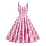 YUNAR Retro Checkered One Piece Dress Disguise Costume 50'S Pin Up Maxi Dress (XXL, Pink Plaid)