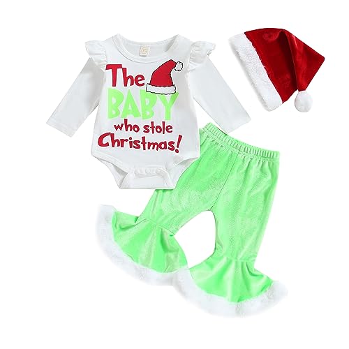 Image of FIOMVA My First Christmas Baby Girl Outfit Newborn Fall Winter Onesie Bell Bottoms Hat 3pcs Set Romper Pants Clothes