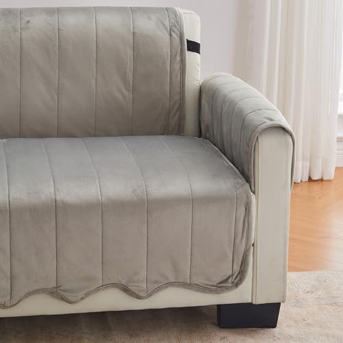 Image of Great Bay Home Velvet Sofa Cover - Washable Slipcover Furniture Protector with Elastic Straps - Furniture Cover for Dogs, Kids, and Pets - Stitched Detail (Wild Dove Grey)