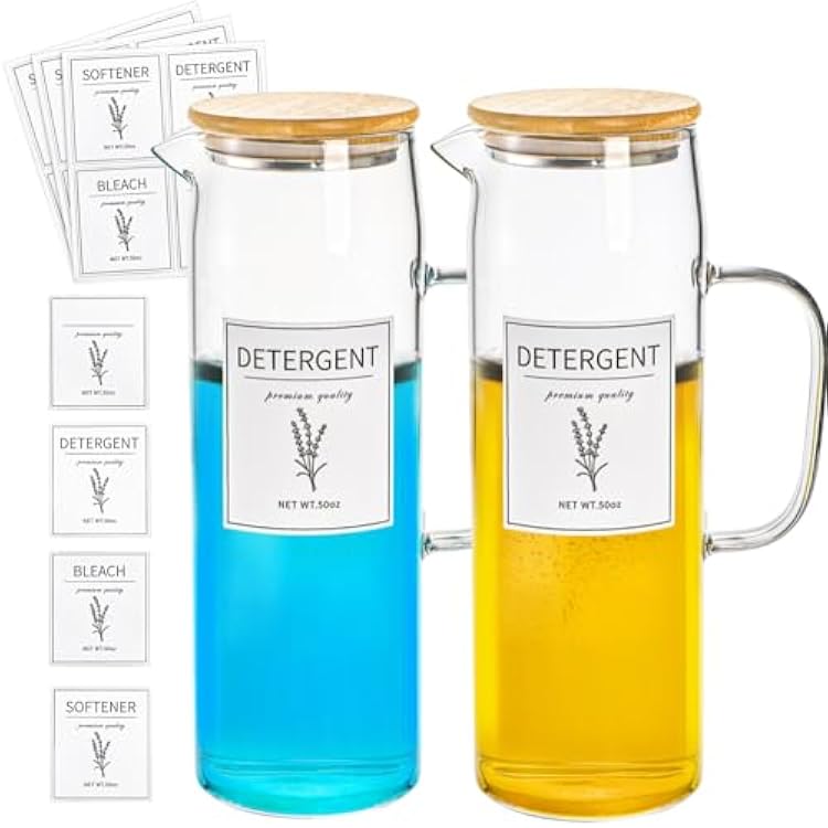 Noamus 2 Pack Laundry Detergent Dispenser Set, 50oz Fabric Softener Storage Bottle with Bamboo Lid Handle&12 Labels, Glass Liquid Detergent Container for Farmhouse Laundry Room Decor Organization
